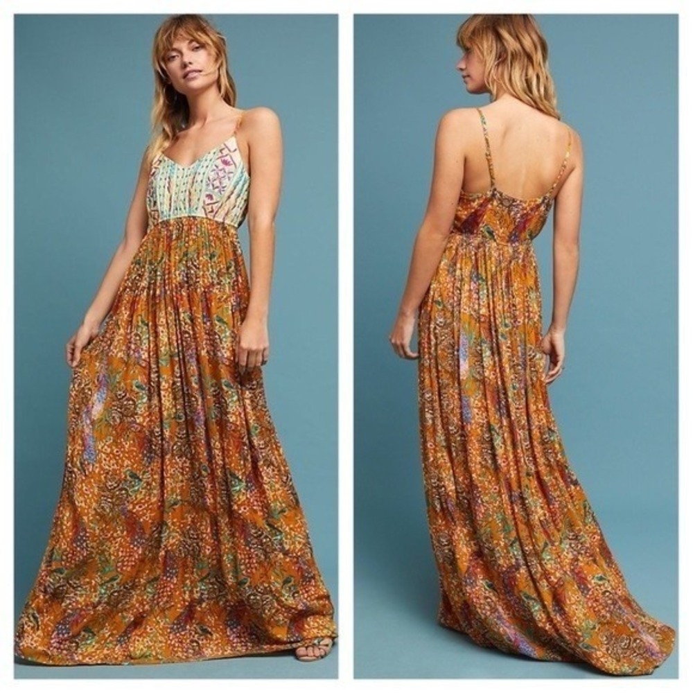 RAGA Anthro Feathers Of Paradise Parkland Maxi Dress Size M Floral Embroidered